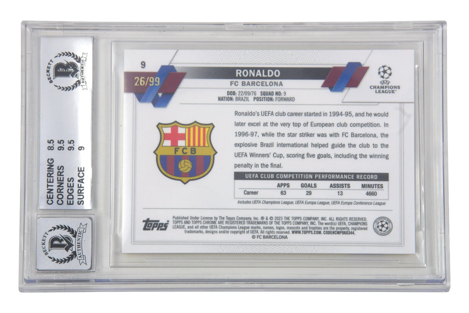 Ronaldo Nazario Signed 2022-23 Topps Chrome Sapphire /99 – BGS 9 Autograph 10